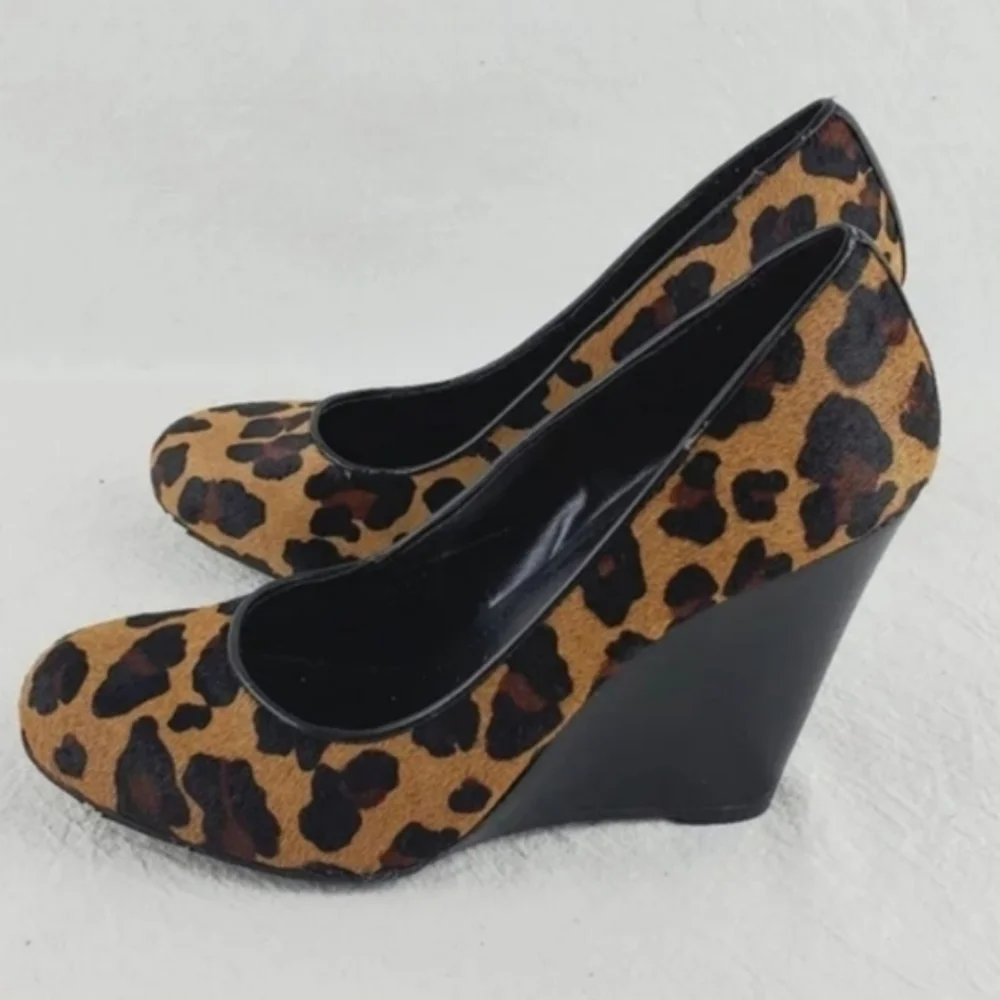 BCBGeneration leapard print real cow fur wedge shoes 6.5